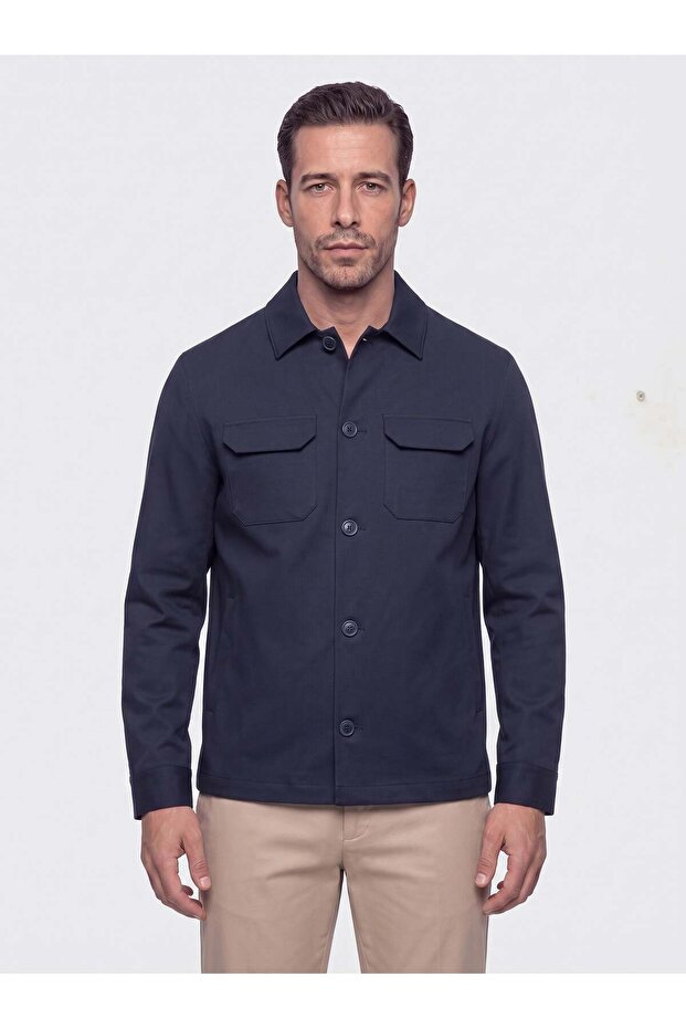 Navy Blue Regular Fit Men's Shirt with Front Pockets