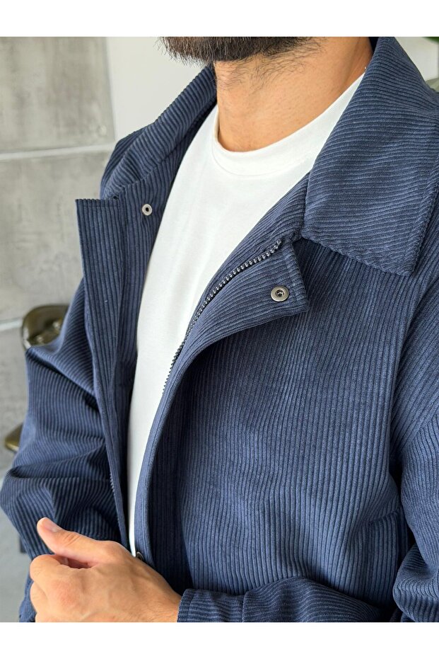 Corduroy Zippered Bomber Jacket S - Dark Blue