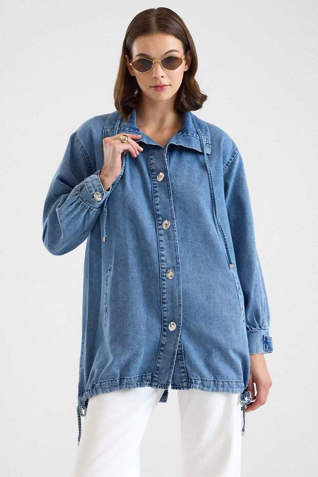 Oversized Jacket with Gathered Skirt and Lace Detail Blue 8288