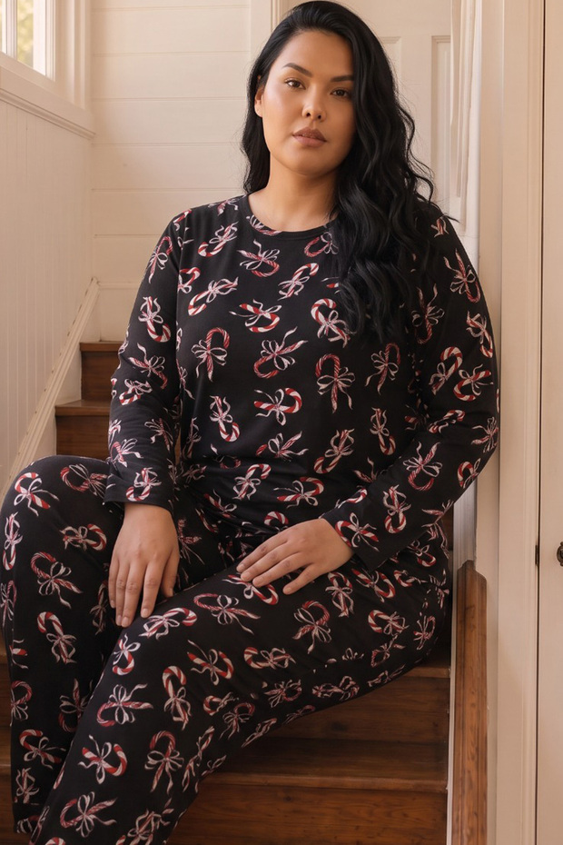 Black Patterned Thermal Fabric Ultra Soft Plus Size Oversized Knitted Pajama Set
