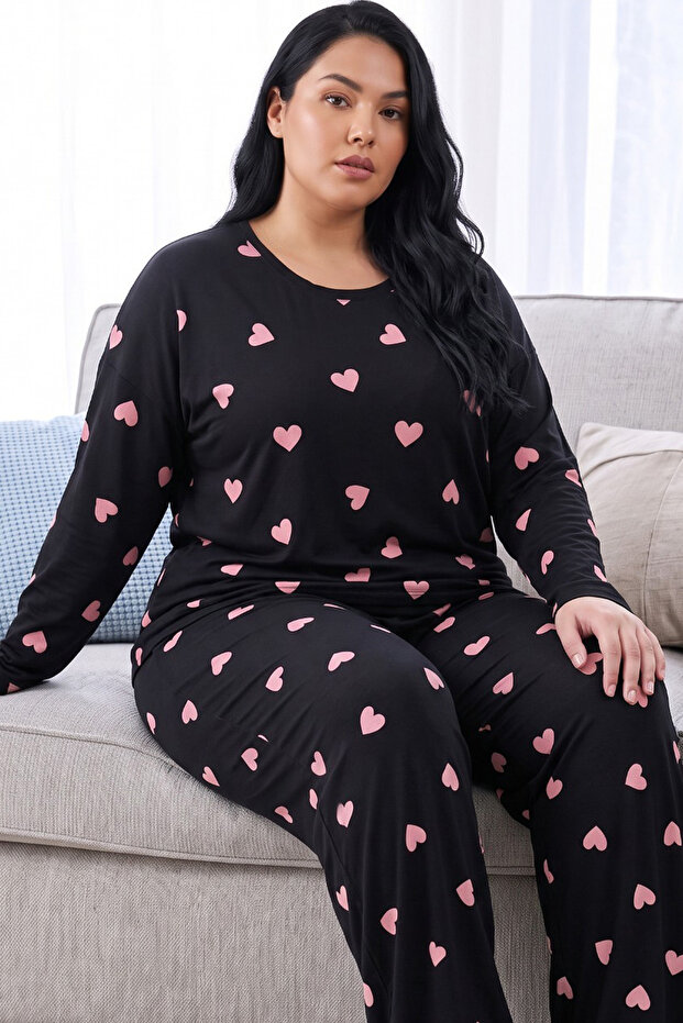 Black Patterned Thermal Fabric Ultra Soft Plus Size Oversized Knitted Pajama Set
