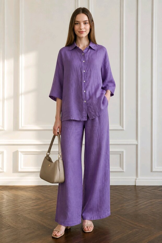 Women's Purple/Lilac Shirt Collar Buttoned Linen Textured Wide Leg Two-Piece Set