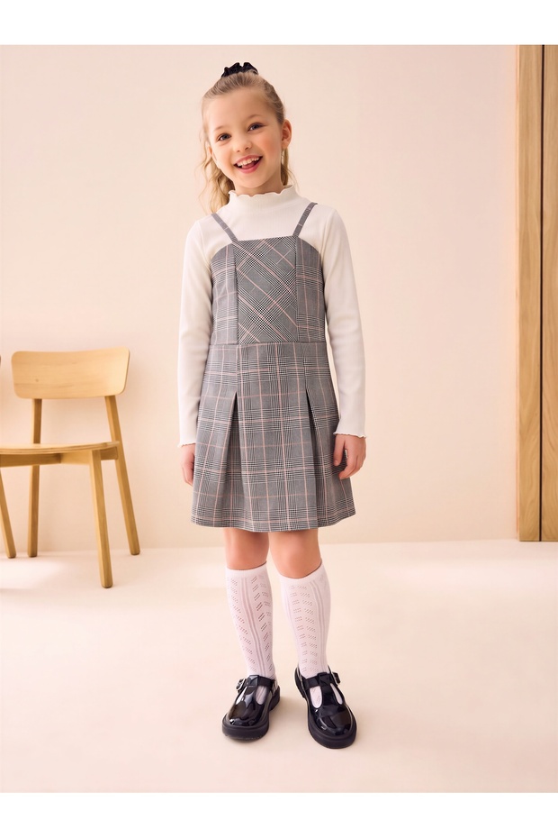 Girl's Combed Cotton Bodysuit/Steel Knitted Dress 2-Piece Set Plaid Gray