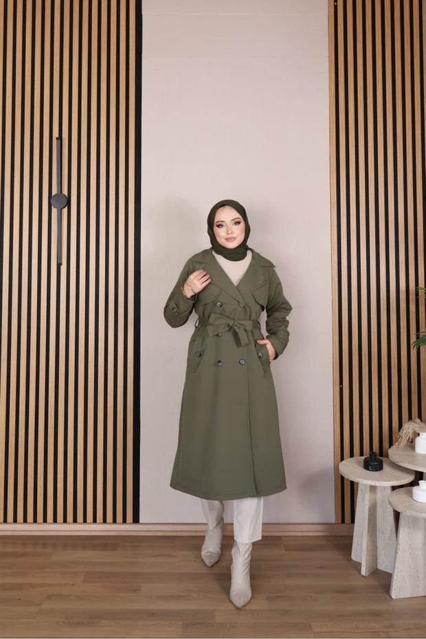 Linen Fabric Waterproof Lined and Belted Araboy Women's Trench Coat