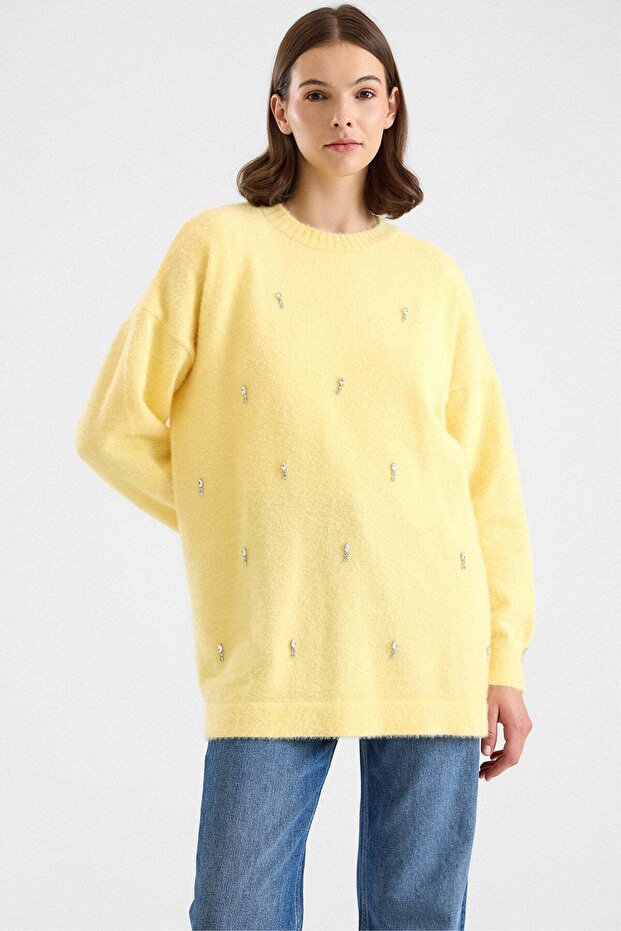 Stone Detailed Soft Fabric Oversize Knitwear Sweater Yellow 8290