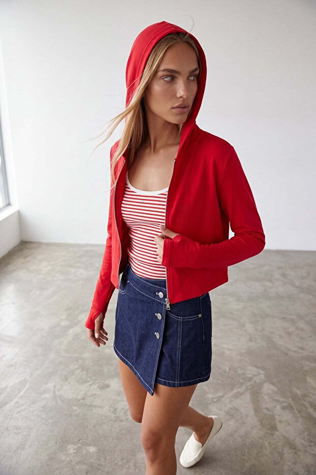 Women's red double pocket finger-loop zip-up hooded modal sweatshirt alc-x15730