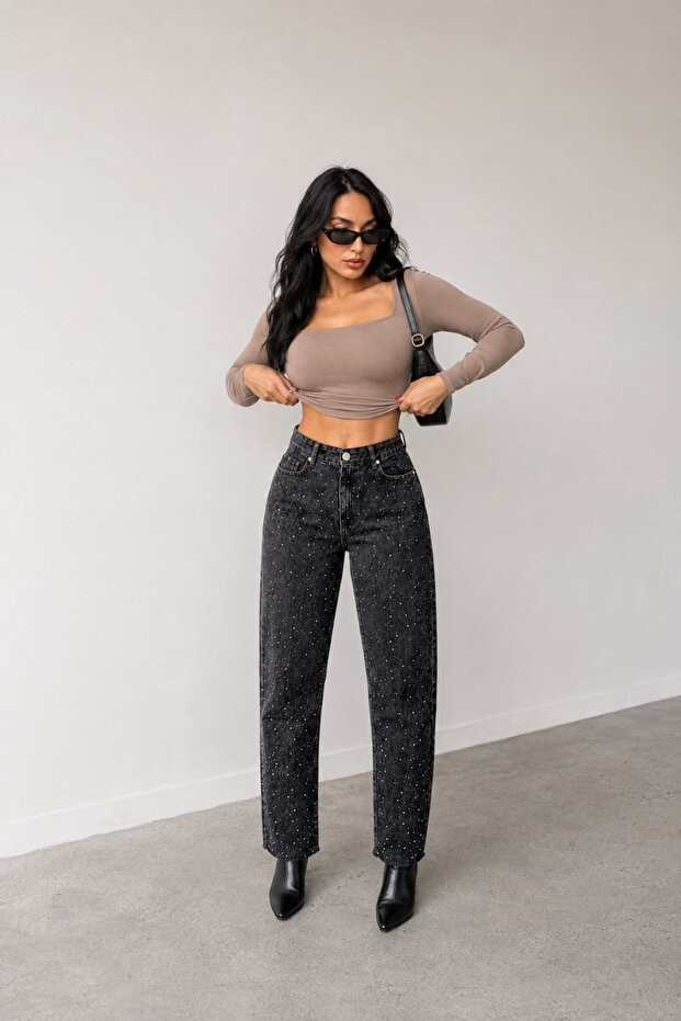 Women's Brown Tinted High Waist Front and Back Stoned Mom Jeans Denim Trousers