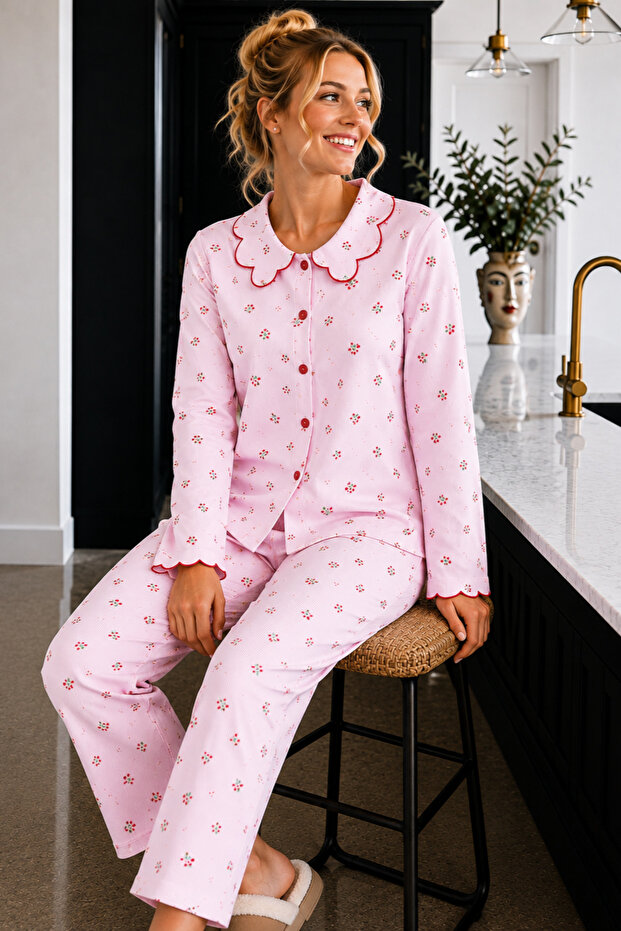 Raporlu Viscose Long Sleeve Patterned Pajama Set