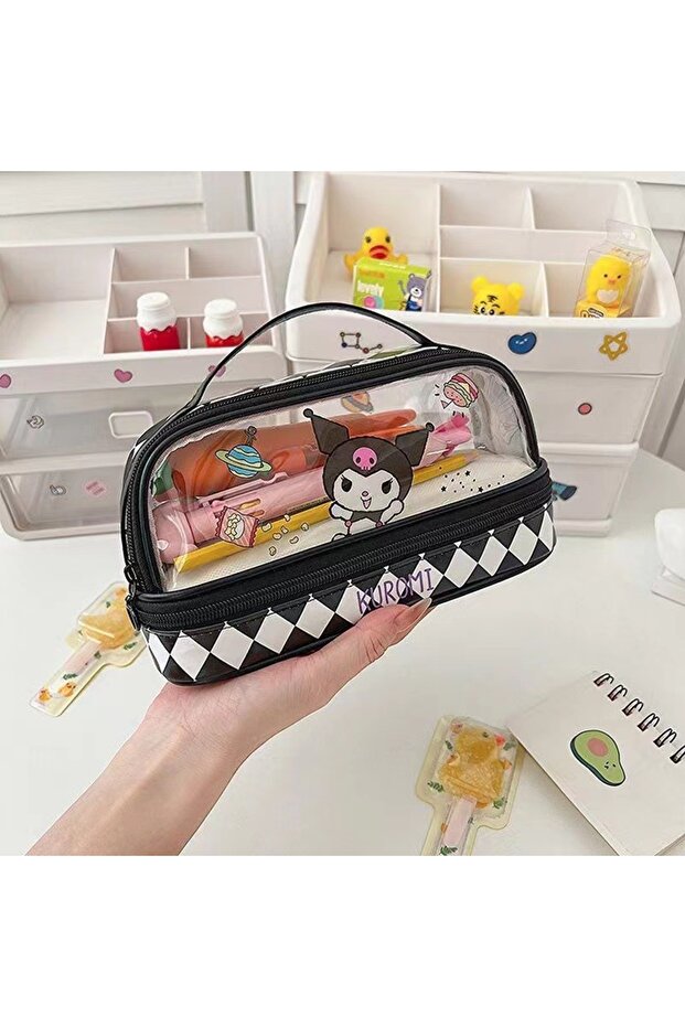 black Sanrio cartoon stationery storage bag, double-layer pencil case, super large capacity cute Hel