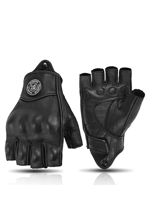 L Black MJMOTO Retro Leather Motorcycle Half Finger Gloves Touchscreen Motocross Gloves Hard Shell P