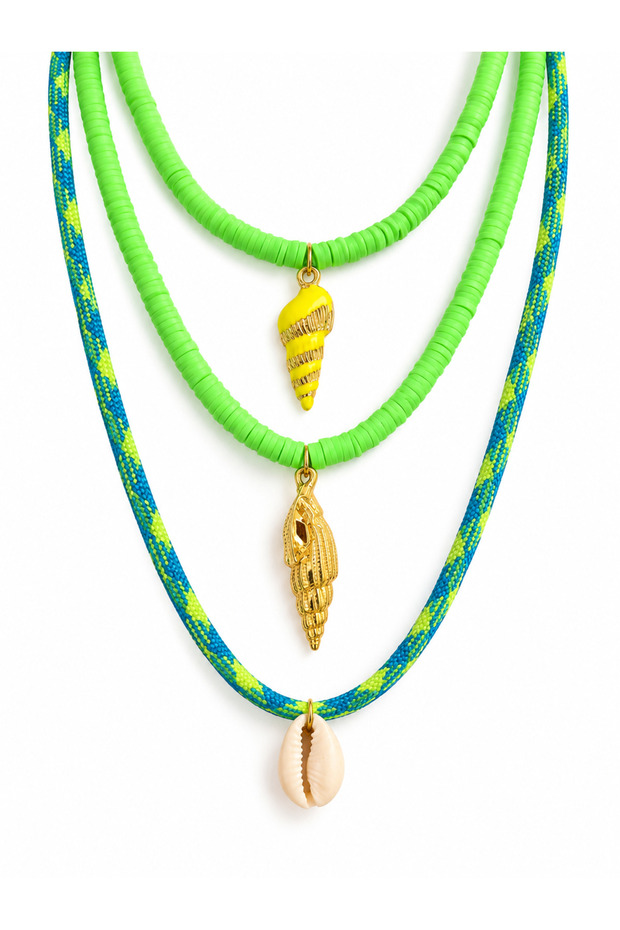 Fimo 3-Piece Green Necklace Set – Shell Figured Necklace, Sea-Themed Bead & String Necklace – Summer Layered Necklace Combination