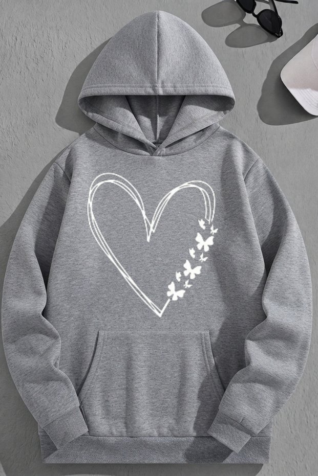 Unisex 3 Thread Cotton Gray Heart-Butterfly Print Loose Fit Sweatshirt Hoodie