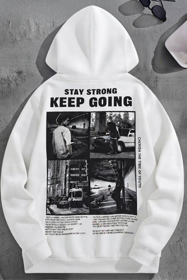 Unisex 3 Thread Cotton White Keepgoing Print Loose Fit Sweatshirt Hoodie