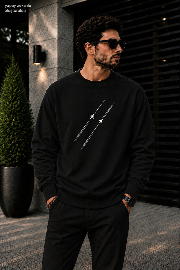 Men's Airplane Trace Stripe Minimal Graphic Printed Cycling Round Neck Casual Sweatshirt