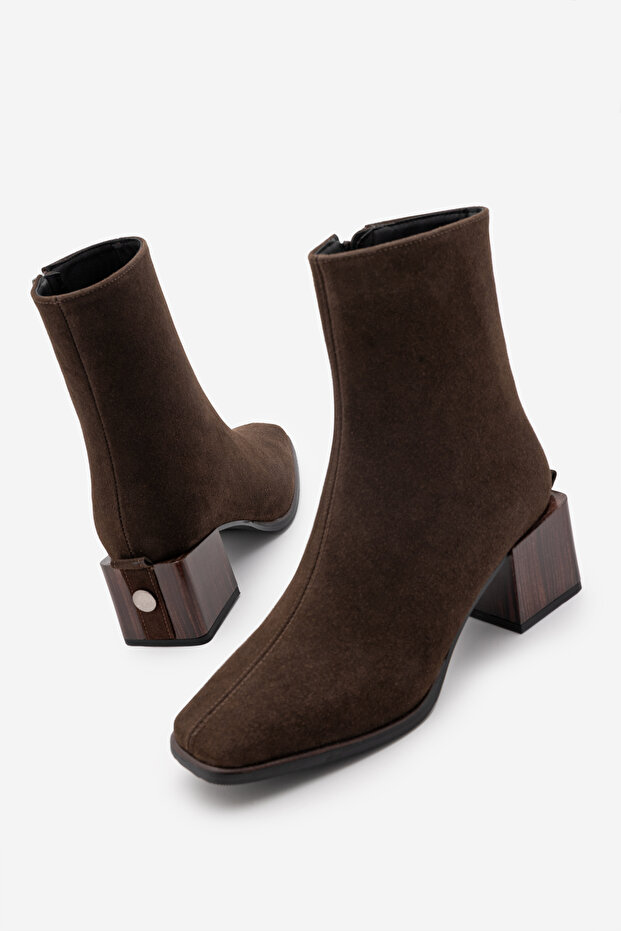 Women's Heeled Boots&Booties Blunt Toe Wood Pattern Heel Zippered Daily Classic Boots Noyes Brown Suede