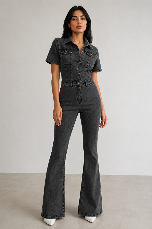 Women's Snow Black Short Sleeve Spanish Leg Lycra Stretchy Denim Jumpsuit
