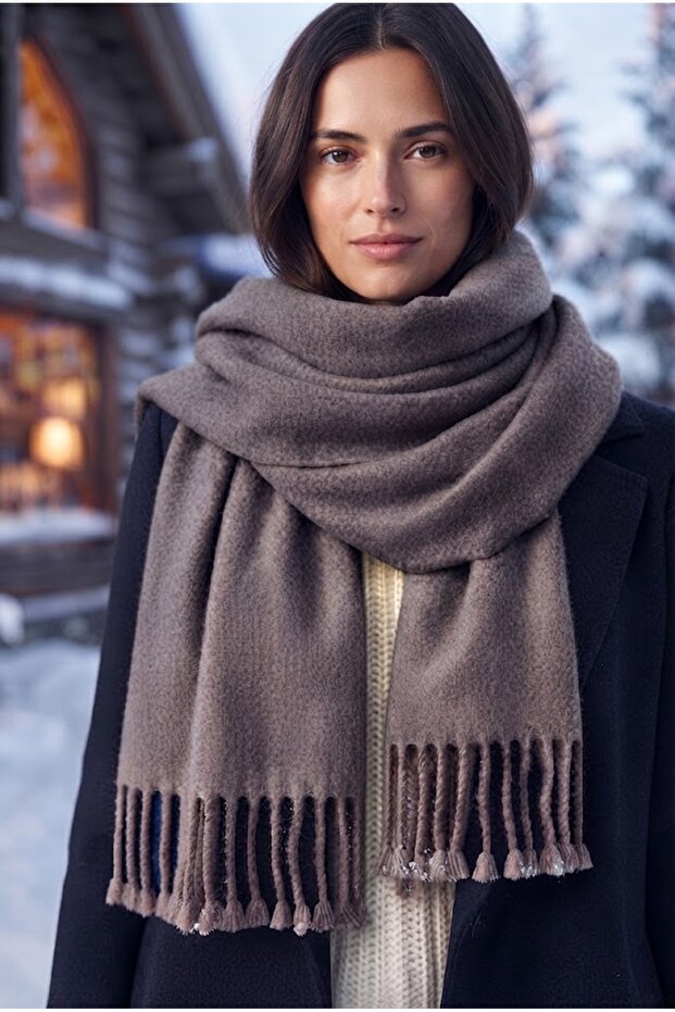 Puffy Soft Textured Thick Tasseled Women's Scarf Oversized Winter Shoulder Shawl Mink