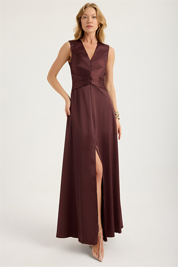 Long Stitch Pleated V-Neck Dress