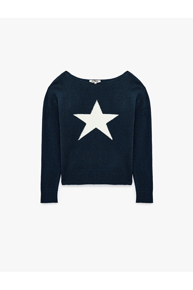 Long Sleeve Crew Neck Star Patterned Knit Sweater
