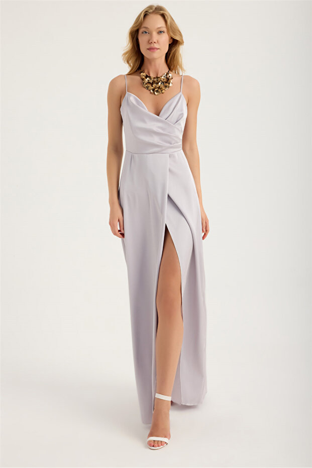 Long Sty Suspender Draped Wrap Collar Dress