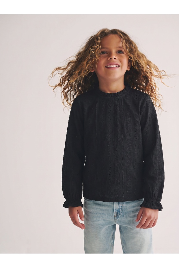 Girl's Scalloped Woven Long Sleeve Blouse Black