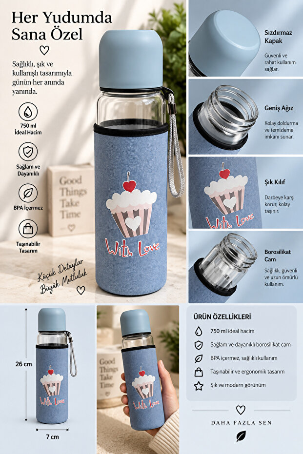 Glass Water Bottle with Self-Contained Case 750 ml