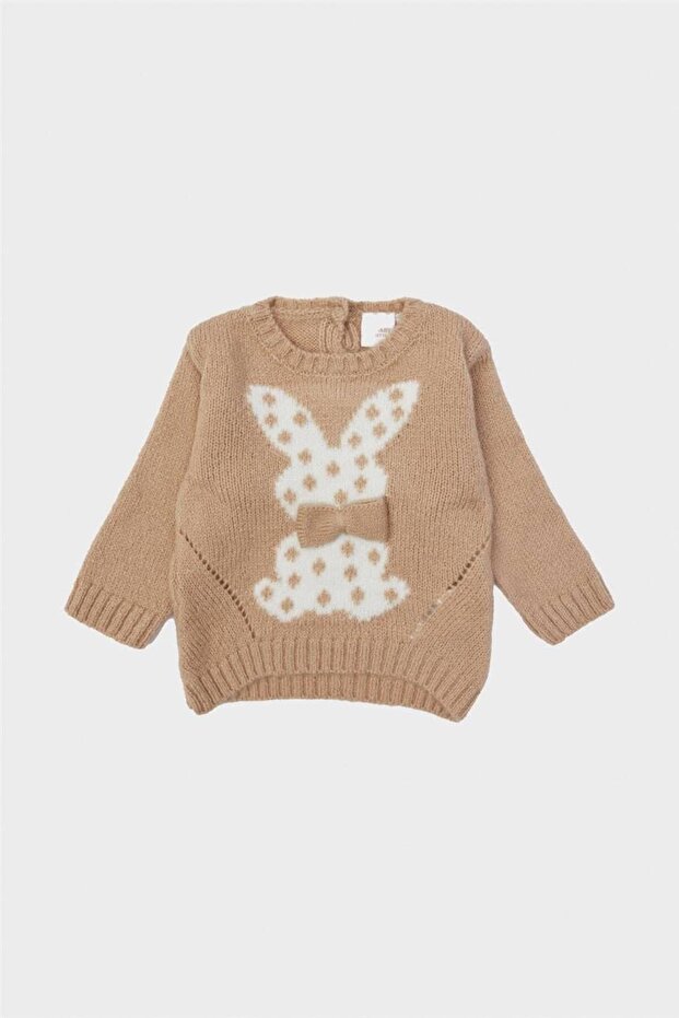 Girl's Beige Rabbit Figured Long Sleeve Knit Sweater