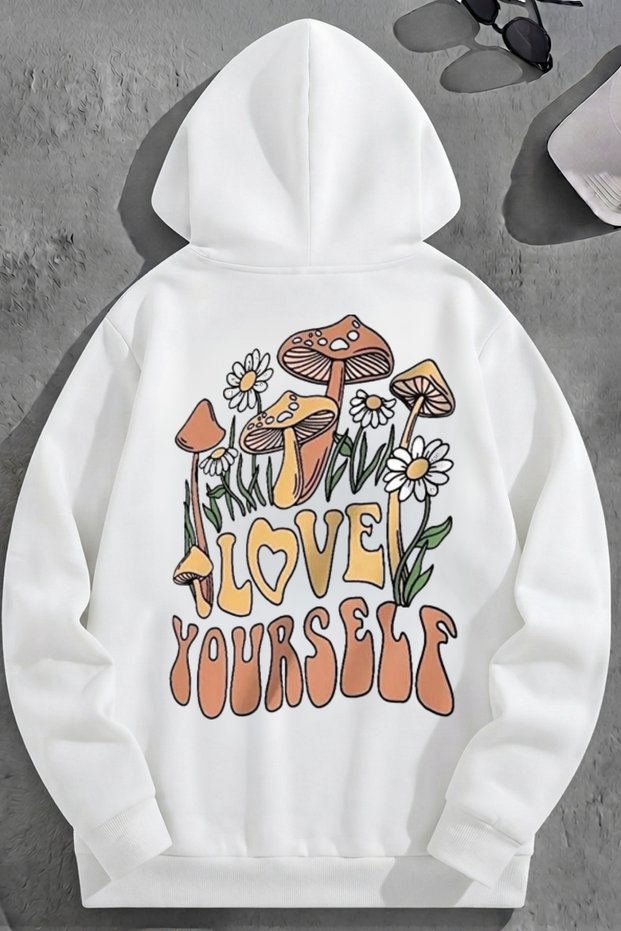 Unisex 3 Thread Cotton White Loveyourself Print Loose Fit Sweatshirt Hoodie