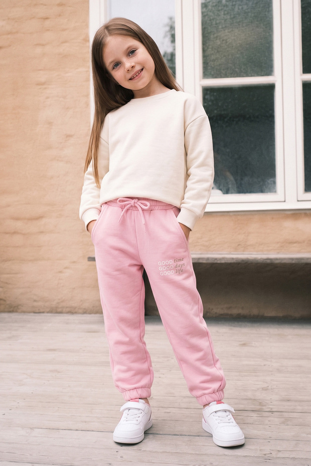 3 Threaded Text Printed Girls' Sweatpants with Elastic Waist