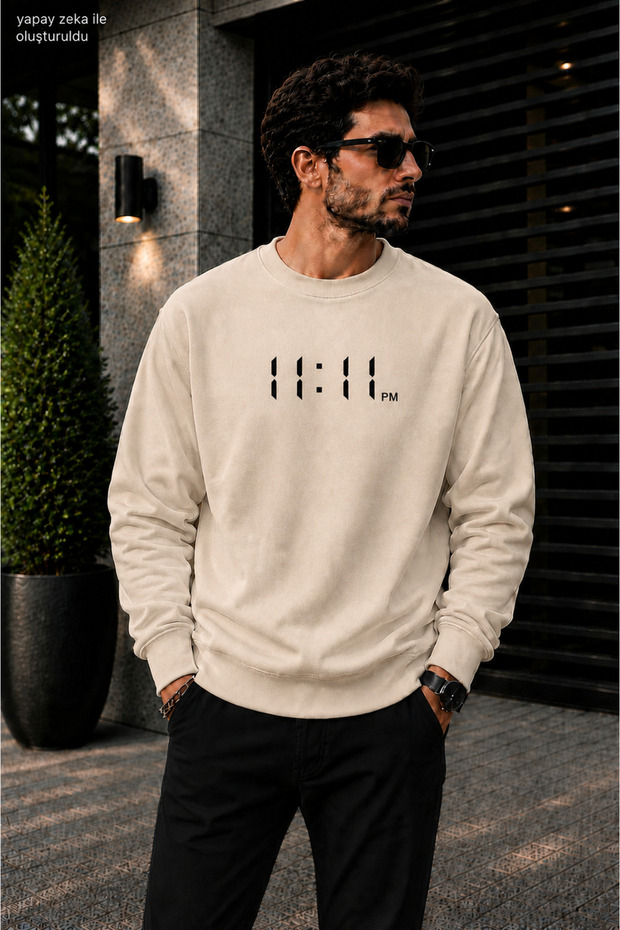 Men's 11:11 Pm Digital Clock Printed Cycling Round Neck Casual Sweatshirt