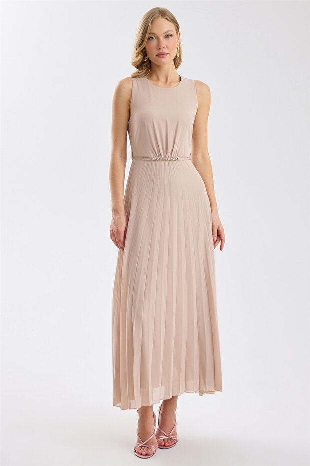 Stone Belted Pleated Georgette Maxi Dress
