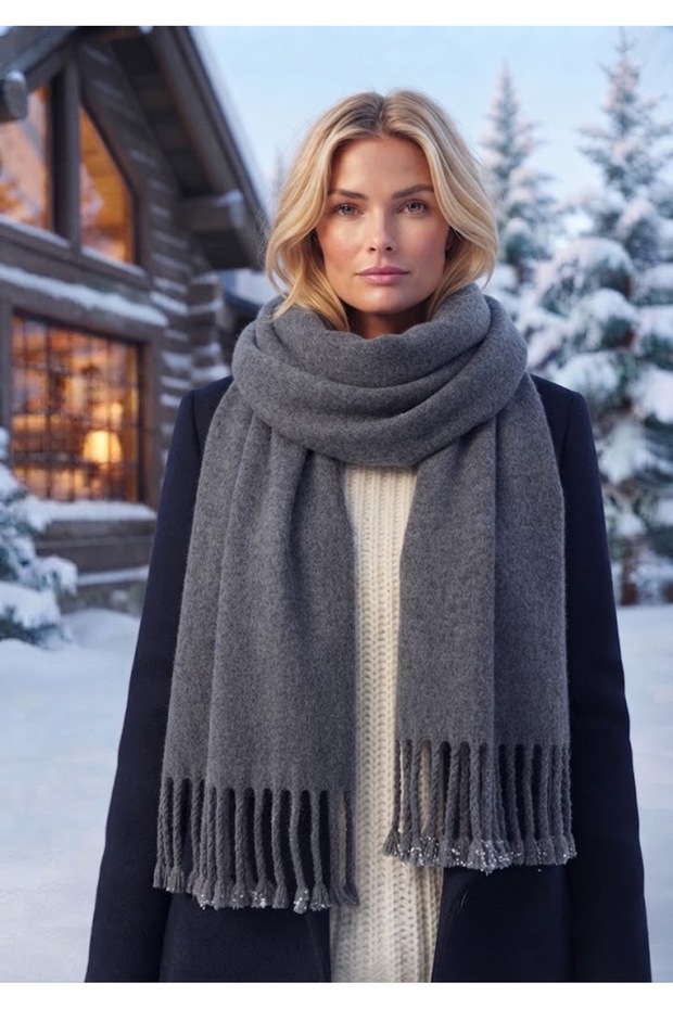 Puffy Soft Textured Thick Tasseled Women's Scarf Oversized Winter Shoulder Shawl Gray