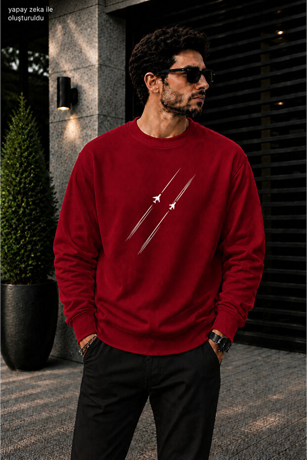 Men's Airplane Trace Stripe Minimal Graphic Printed Cycling Round Neck Casual Sweatshirt