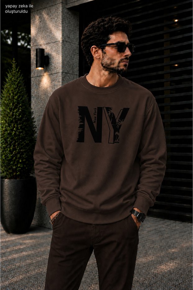 Men's Ny New York City Silhouette Printed Cycling Round Neck Casual Sweatshirt