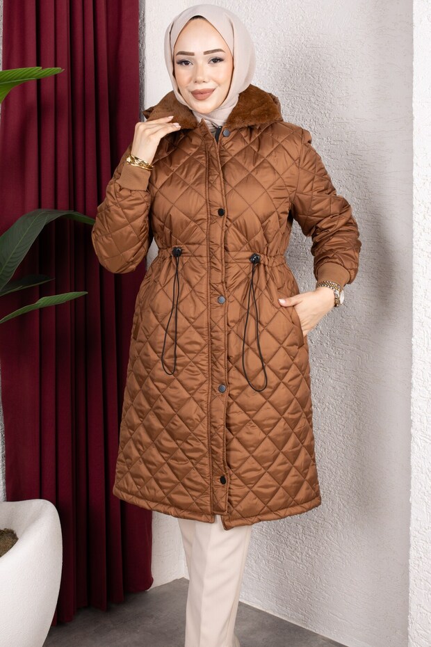 Removable Hooded Fur Collar Lined Women's Quilted Coat - Tan