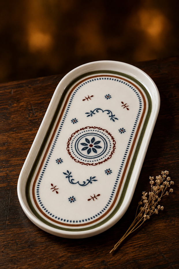 4-Piece Minel Kayık Porcelain Plate Oval Presentation Serving Patterned Breakfast Snack Plate Pastry Dessert Gift Set