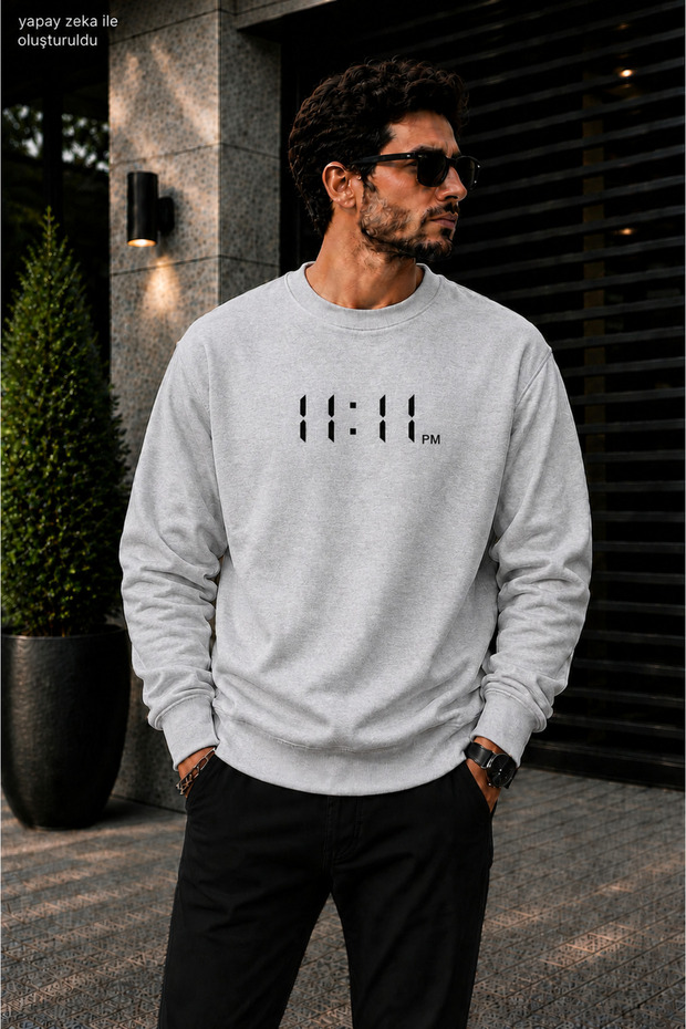 Men's 11:11 Pm Digital Clock Printed Cycling Round Neck Casual Sweatshirt