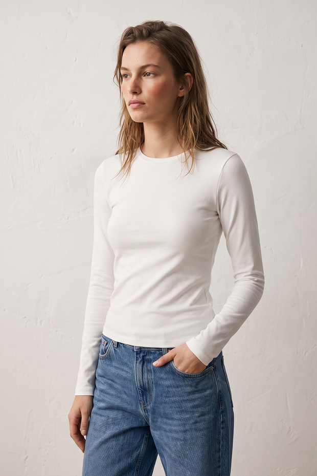 95% Cotton 5% Lycra Body-Fitting Magic Fit Women's Slim Fit Stretch Long Sleeve T-Shirt Compact Combed Single Jersey Slim Fit Flexible Basic White T-Shirt Elastane Blouse