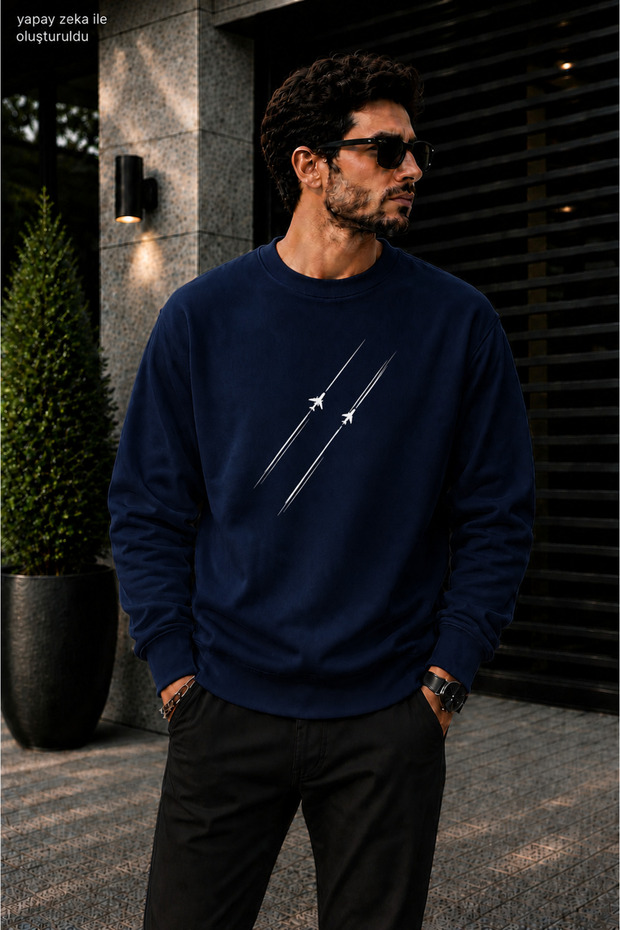 Men's Airplane Trace Stripe Minimal Graphic Printed Cycling Round Neck Casual Sweatshirt