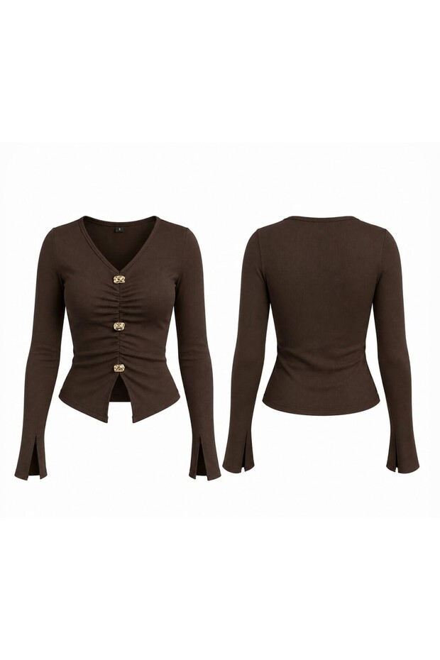 Women's Gathered Accessory Detailed Spanish Sleeve Slit Blouse