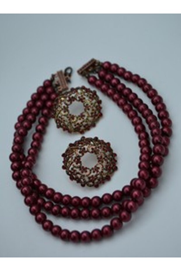 Special Design Choker Necklace and Earring Set - Burgundy -