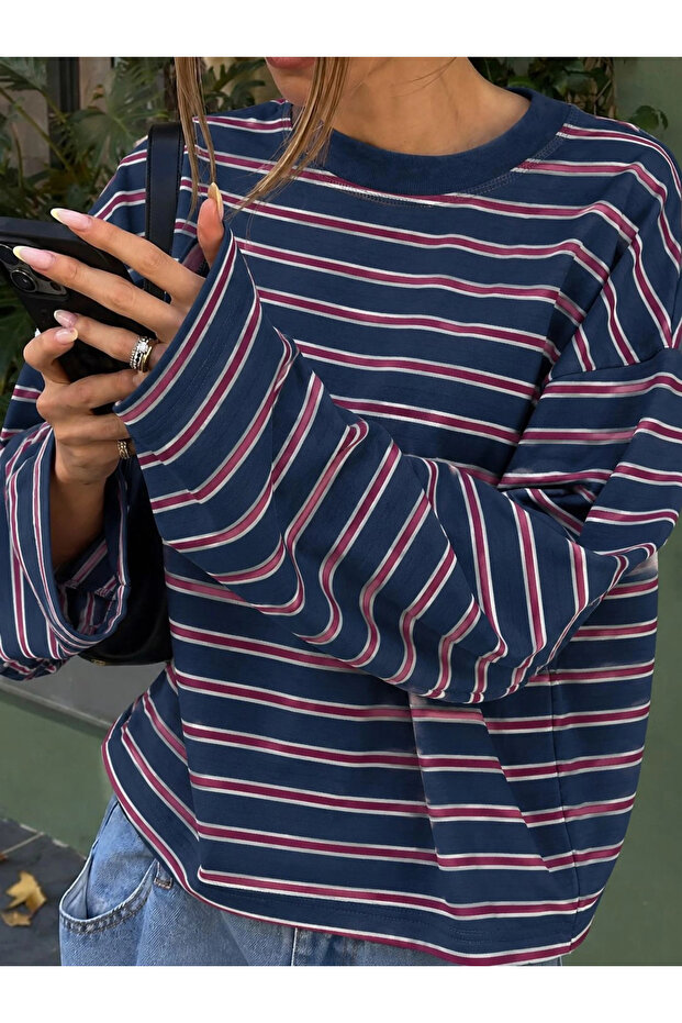 Women's Viral Laci Oversize Long Sleeve Striped T-Shirt 13113