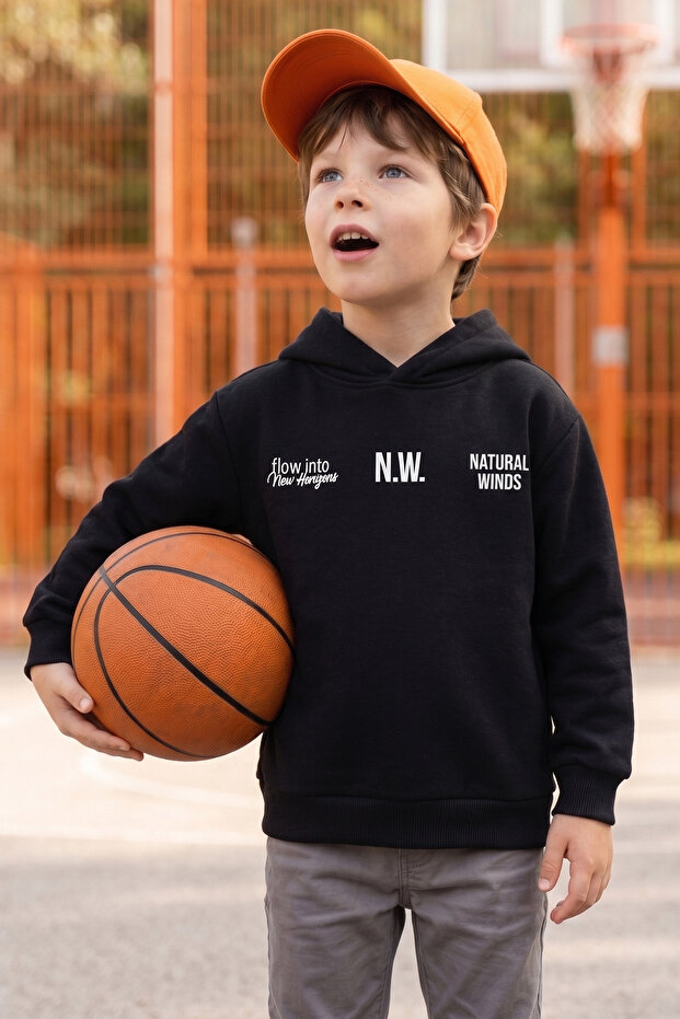 3 Threaded Text Printed Hooded Boys' Sweatshirt
