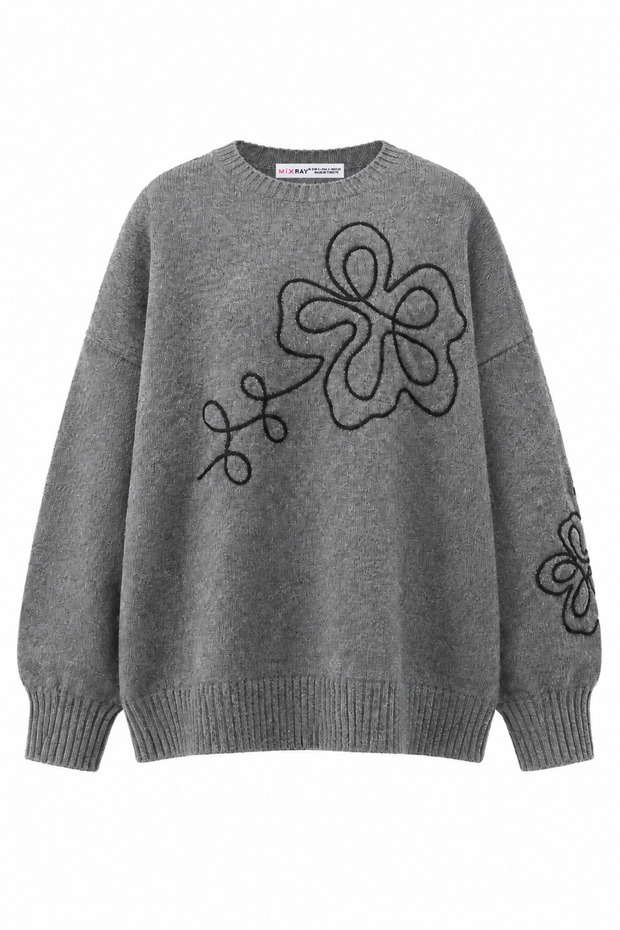 7051 Women's Floral Embroidered Crew Neck Knitwear Sweater Anthracite