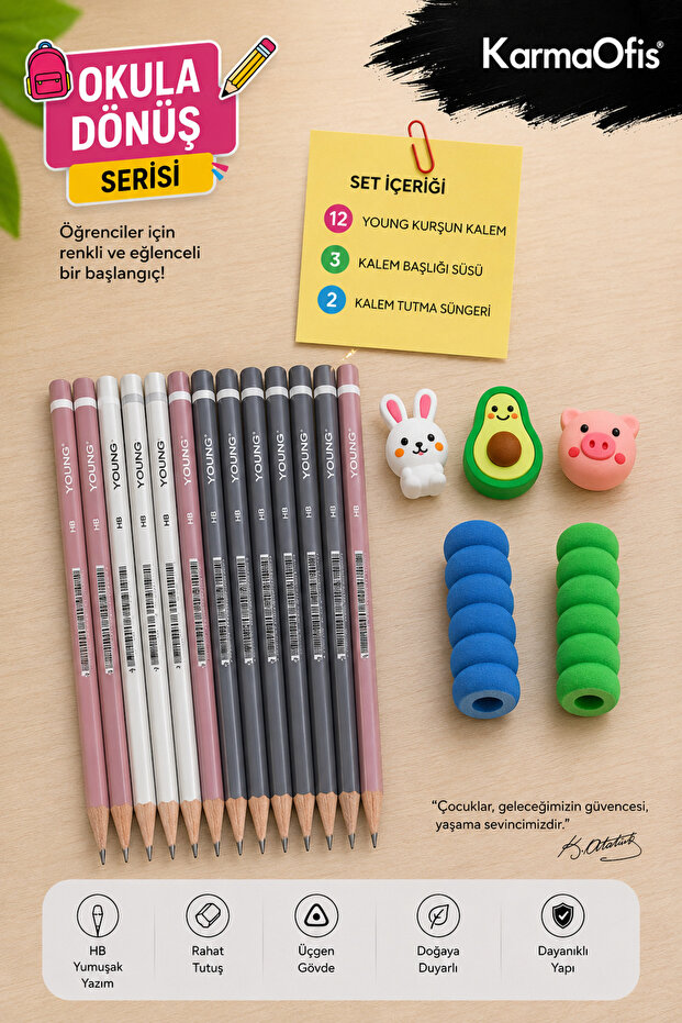Karmaofis 12-Piece Young Pencil Set – 3 Pencil Tip Decorations + 2 Pencil Holding Sponges | Pattern Optional