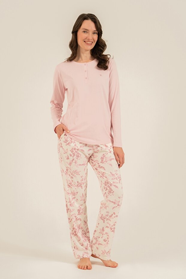 Women's Pink Uzunkol Pajama Set, with Pockets, Buttoned Collar, 50% Cotton 50% Modal Fabric