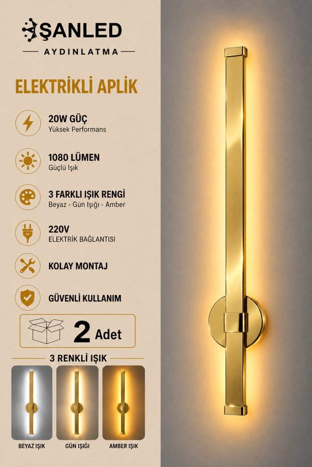 Decorative 20W Indoor Gold Case 3-Color Light 80 cm Wall Sconce Electric 2 Pieces