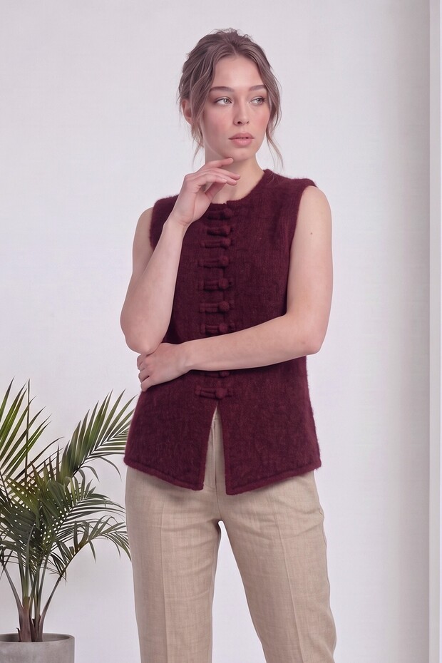 Women's Sleeveless Knitwear Vest with Button Detail on the Front, Stylish Design, Pink, Burgundy, Black