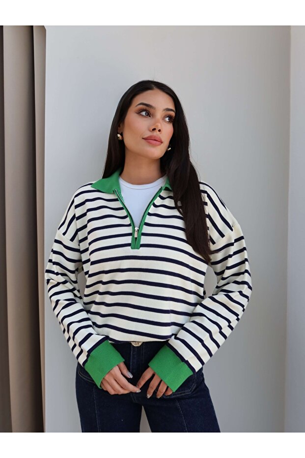Half Zippered Striped Sweater