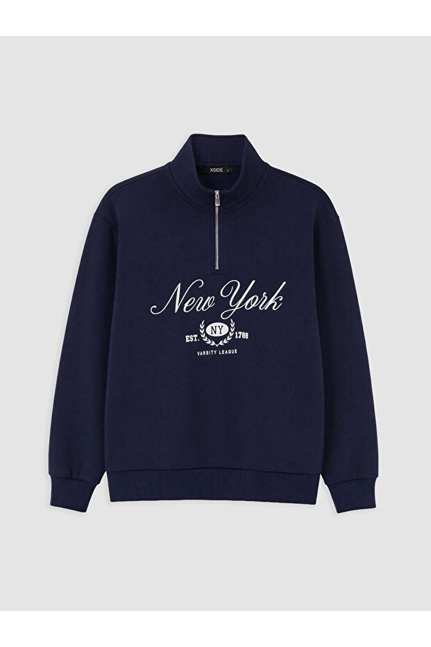 Ozmarka New Season Navy Blue New York Printed Women's Thick Sweatshirt